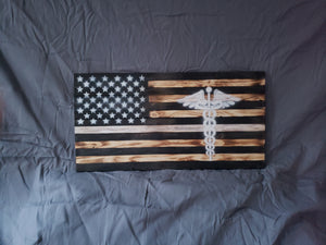 9.5 x 18 Thin White line 'Medical Caduceus' Flag with White Stencil