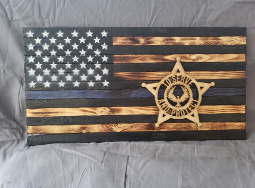 13 x 24 Thin Blue Line Police 'To Serve And Protect' Flag with Wood Stencil