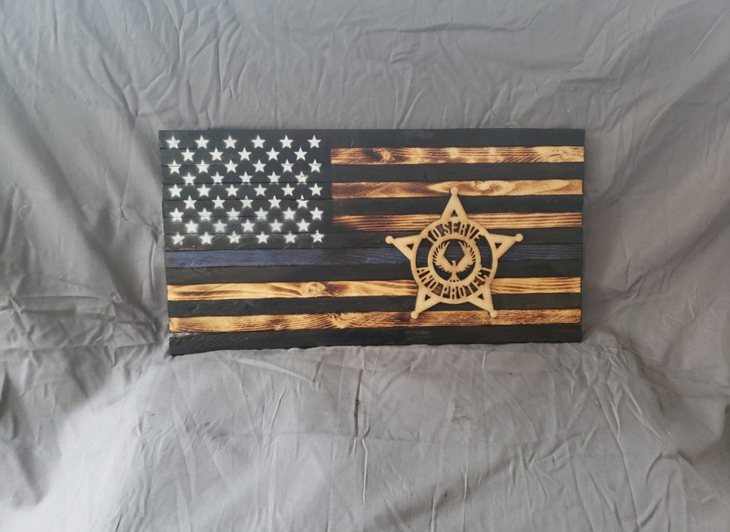 9.5 x 18 Thin Blue Line Police 'To Serve And Protect' Flag with Wood Stencil