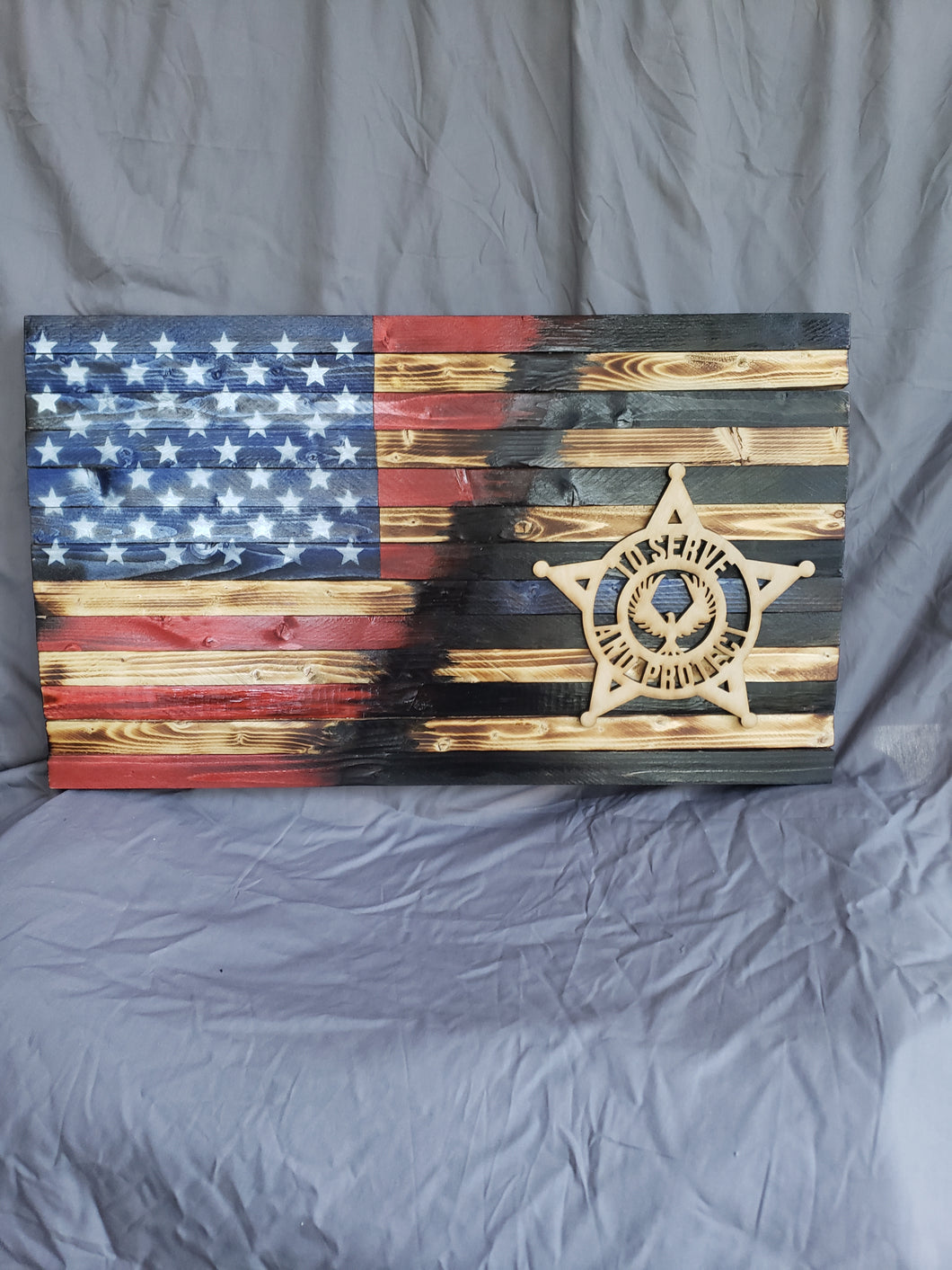 13 x 24 Traditional Half Blue Line ' Police Star - To Serve And Protect' Flag  with Wood Stencil