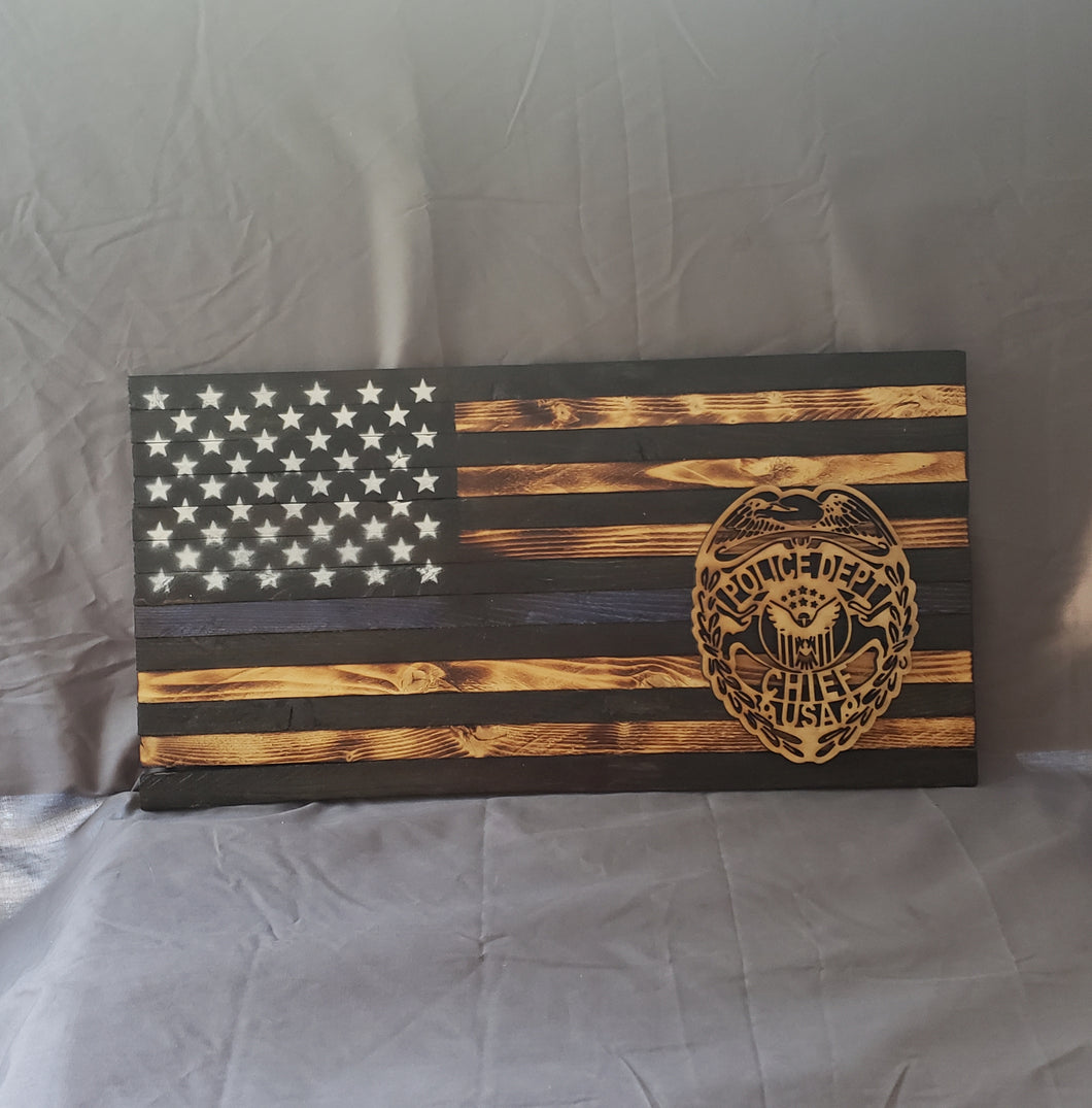 9.5  x 18 Thin Blue Line Police 'Chief Badge' Flag with Wood Stencil